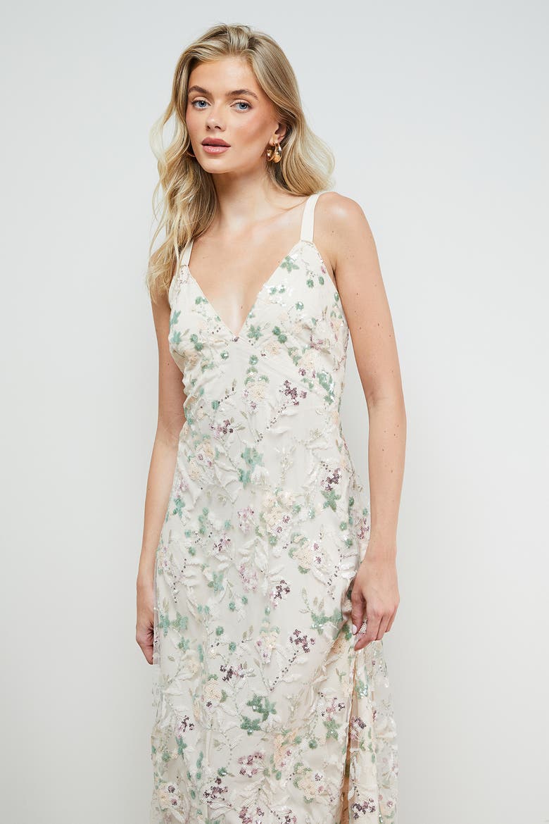 Hand Embellished V-Neck Midi Dress, Alternate, color, Ivory