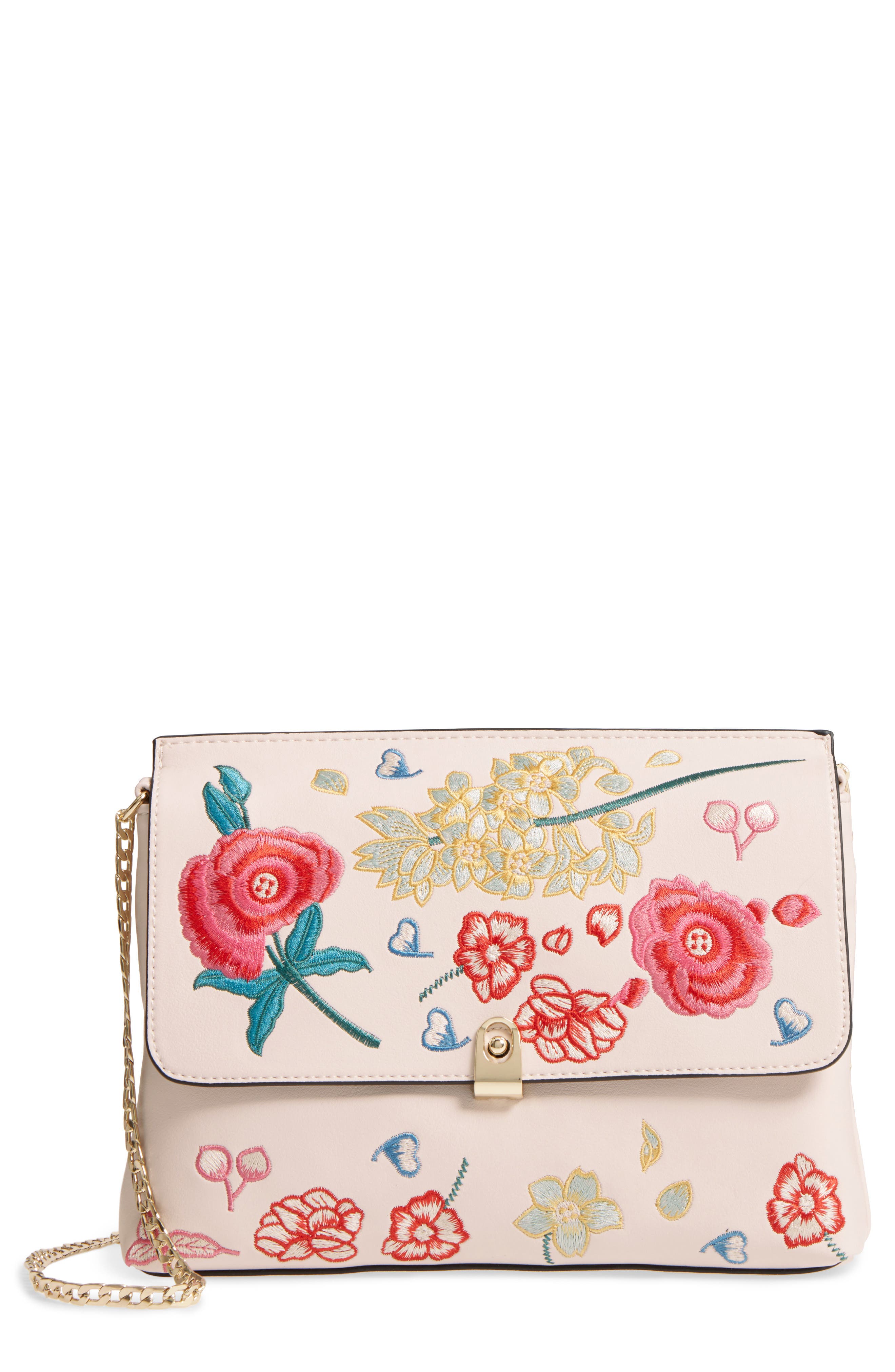 Floral Embroidered Faux Leather Crossbody Bag, Main, color, IVORY MULTI