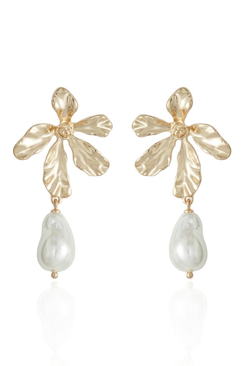 Flower Imitation Pearl Drop Earrings, Alternate, color, GOLD