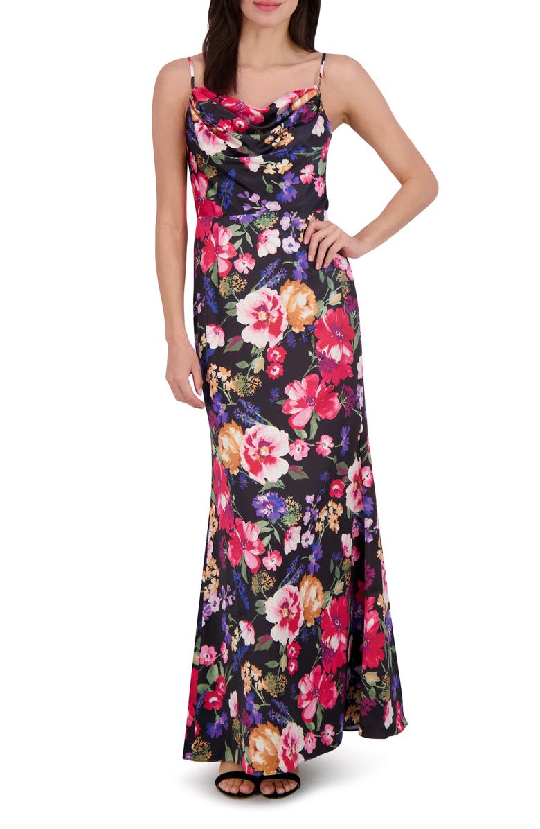 Vince Camuto Print Cowl Neck Satin Gown, Main, color, Black Multi