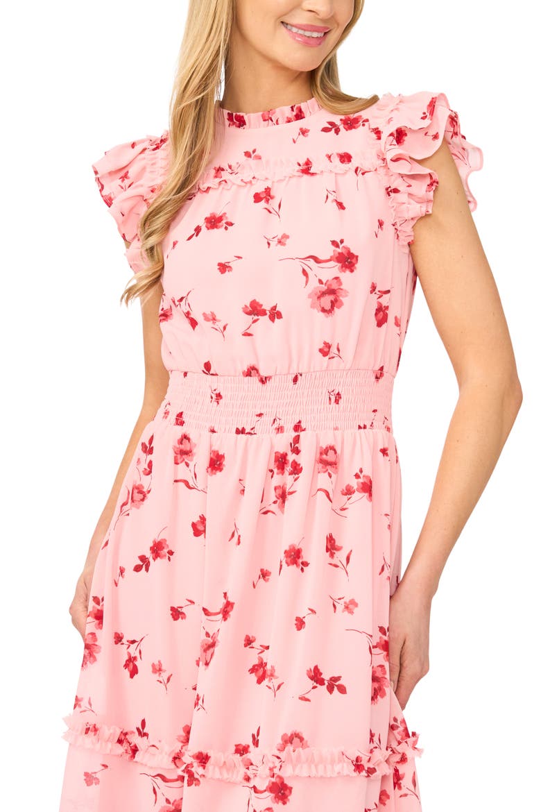 Floral Print Flutter Sleeve Smocked Midi Dress, Alternate, color, CORAL BLOOM