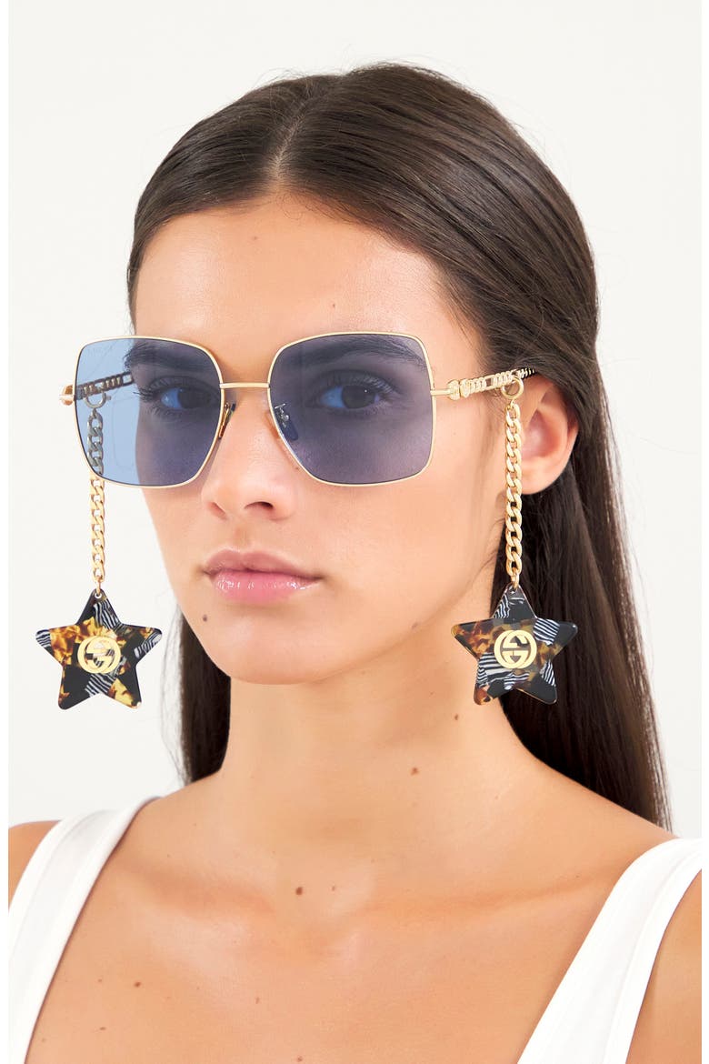 60mm Square Sunglasses with Removable Charms, Alternate, color, GOLD/ BLUE