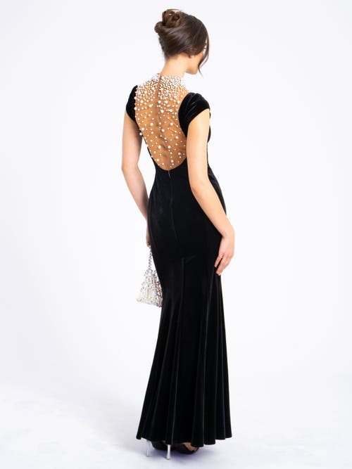 Miss Circle Rachael Velvet Pearl Embellished Gown In Black