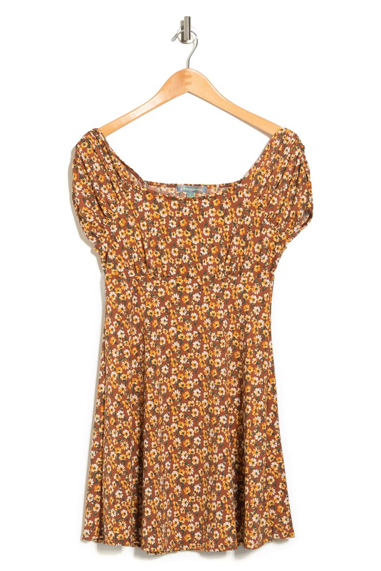 Puff Sleeve Micro Print Mini Dress, Alternate, color, MUSTARD MOCHA DITSY