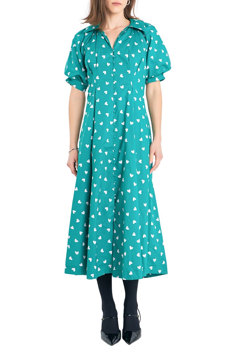 Heart Print Cotton Midi Dress, Main, color, GREEN