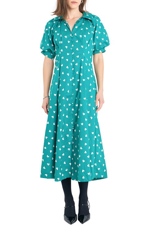 Heart Print Cotton Midi Dress