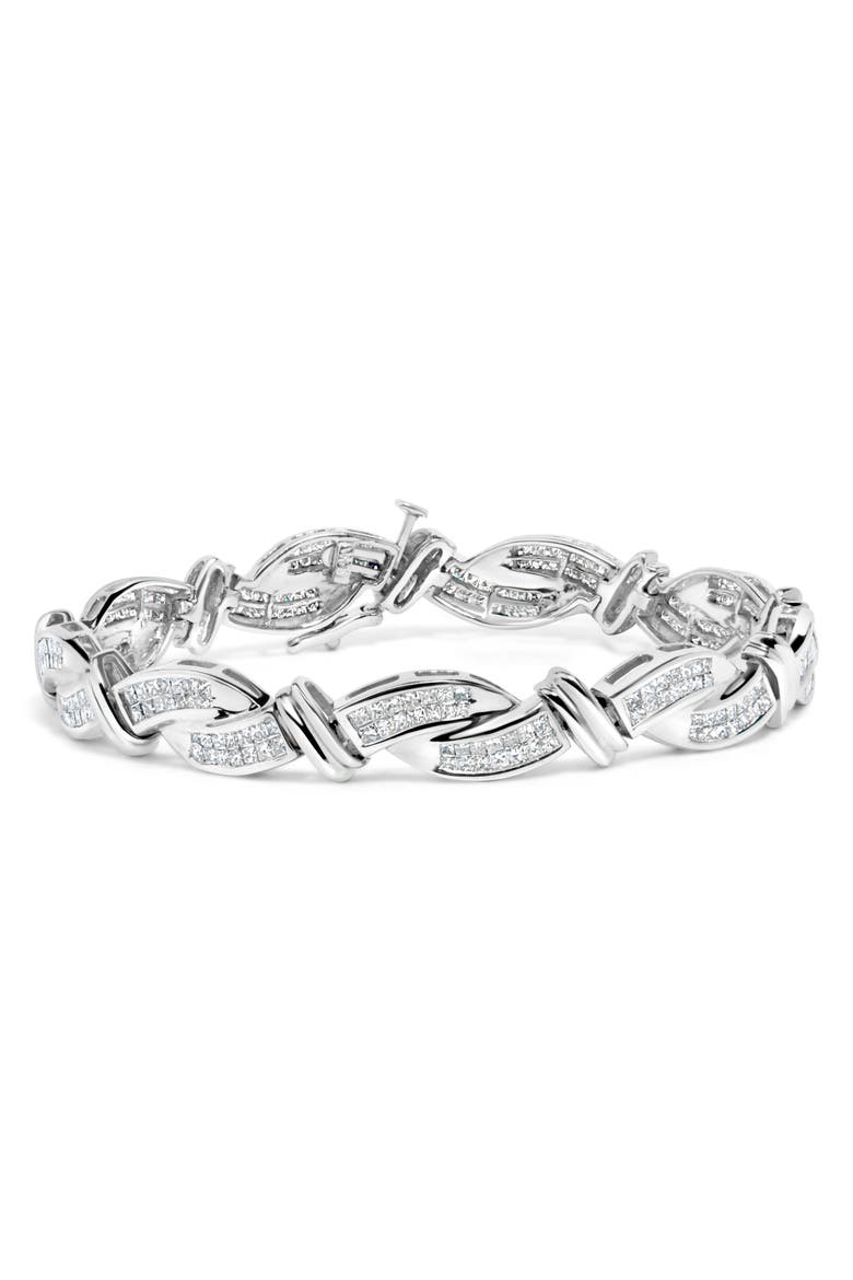 14K White Gold 4.0 Cttw Invisble Set Princess-Cut Diamond Wave Style Link Bracelet, Main, color, White