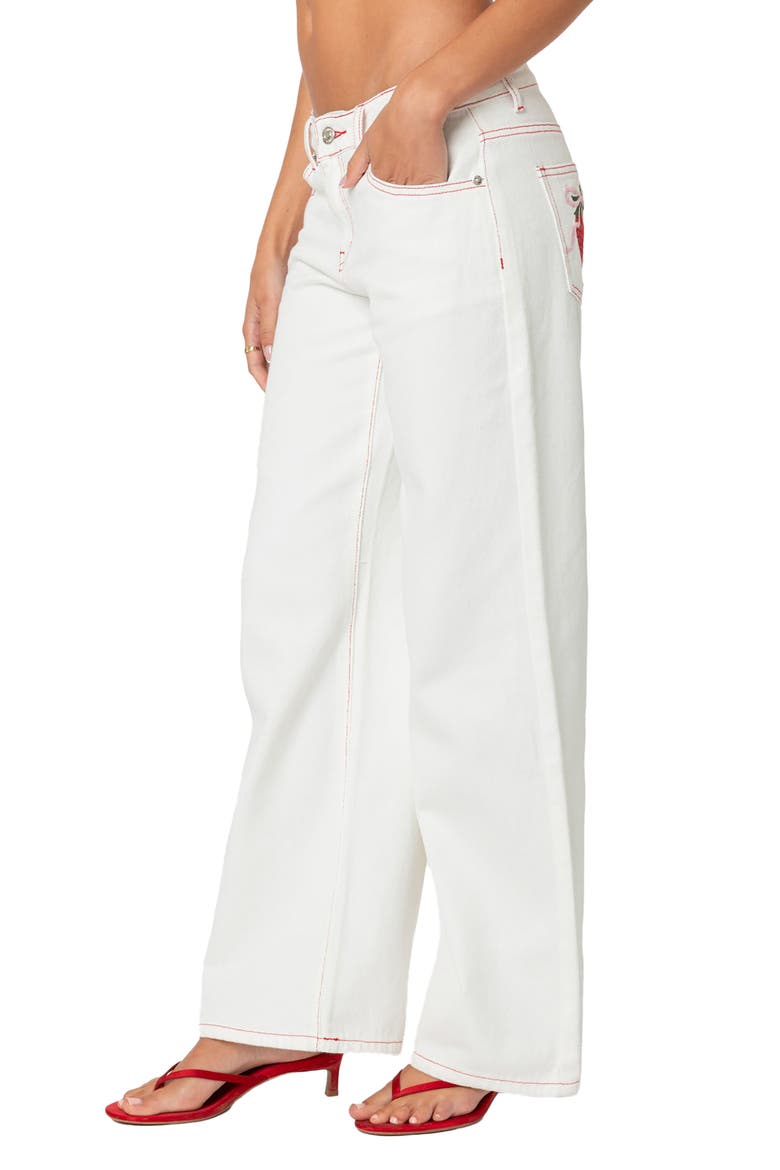 Strawberry Bow Pocket Straight Leg Jeans, Alternate, color, WHITE