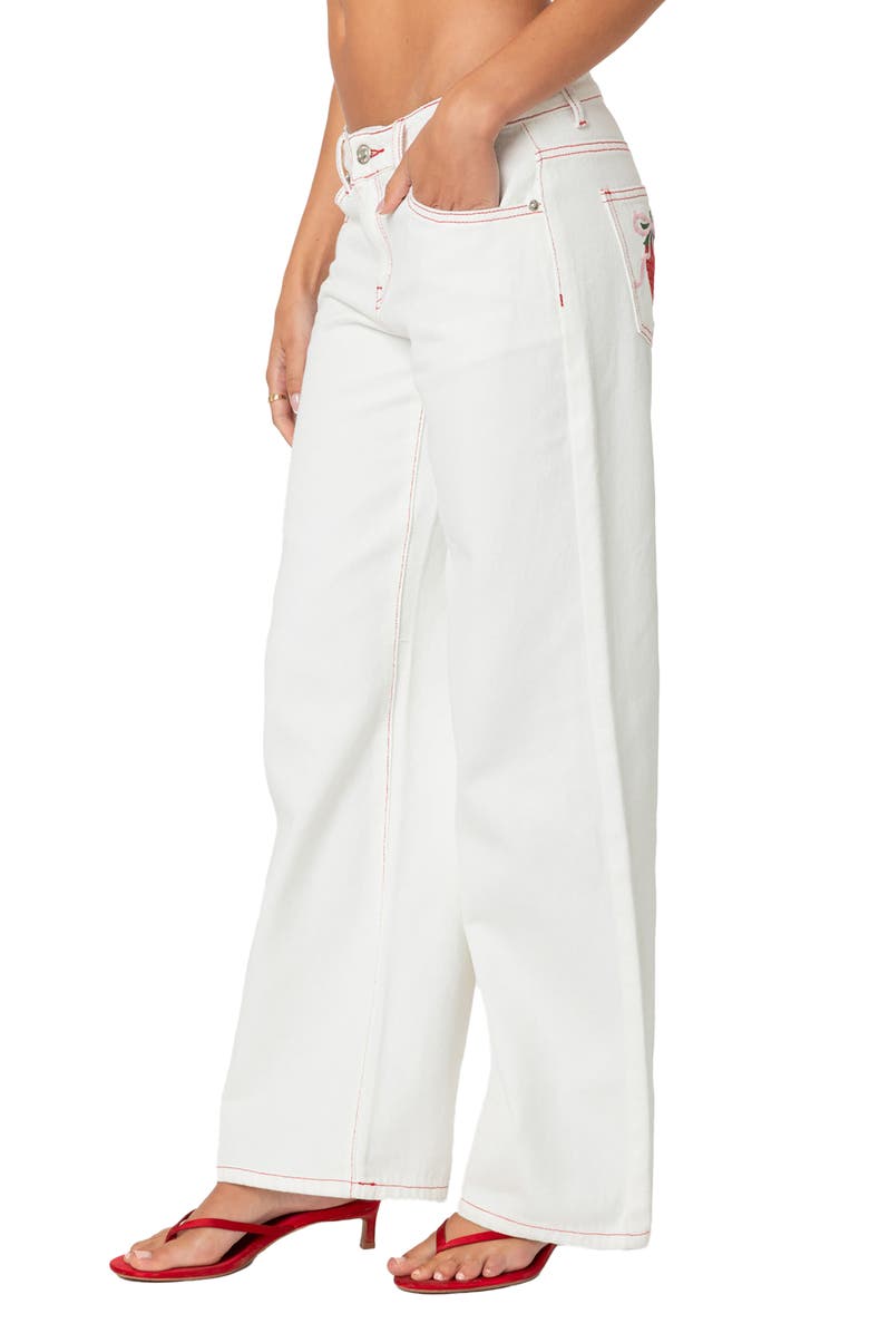 EDIKTED Strawberry Bow Pocket Straight Leg Jeans, Alternate, color, White