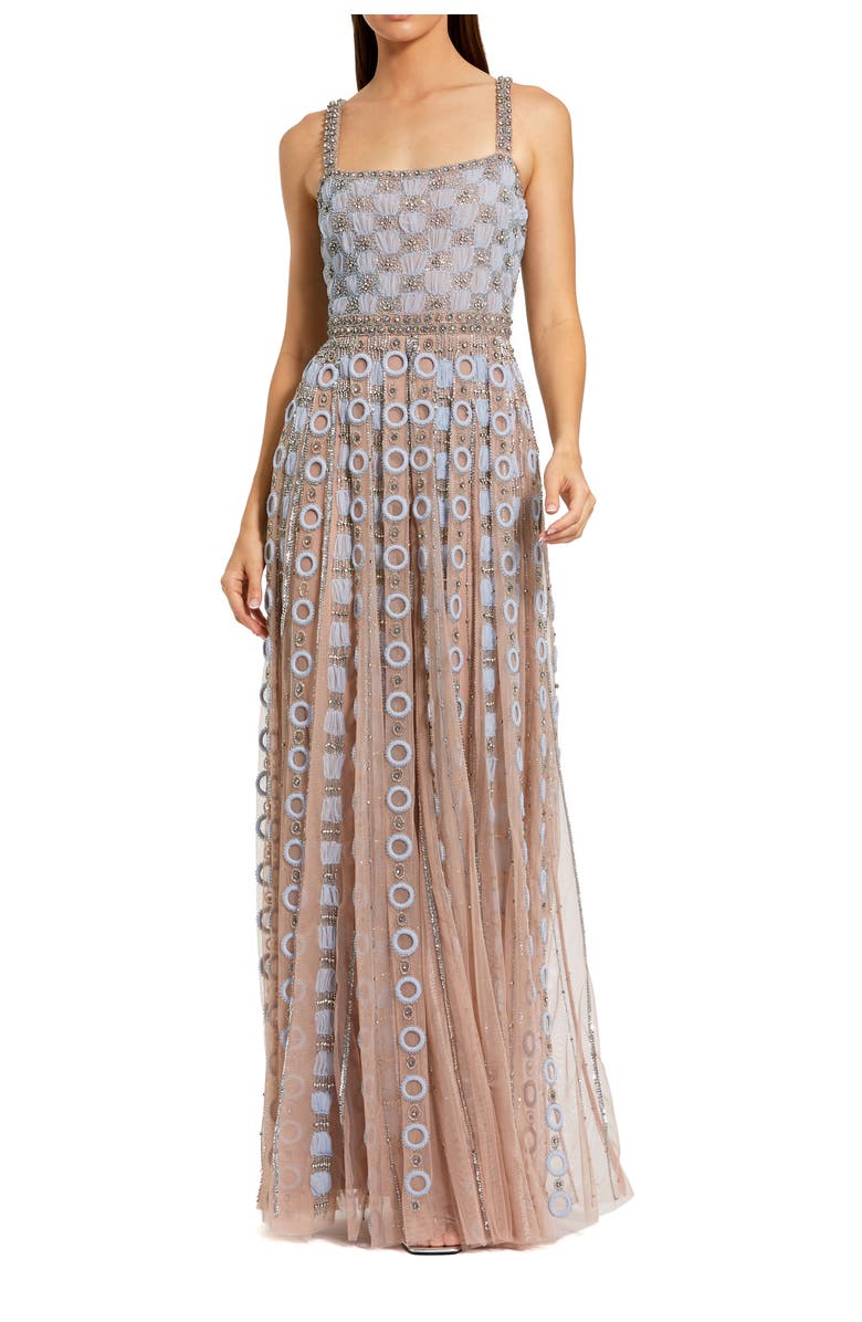 Mac Duggal Petite Sleeveless Embellished Mesh A-Line Evening Gown, Main, color, Powder Blue