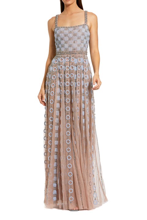 Petite Sleeveless Embellished Mesh A-Line Evening Gown