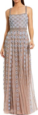 Mac Duggal Petite Sleeveless Embellished Mesh A-Line Evening Gown