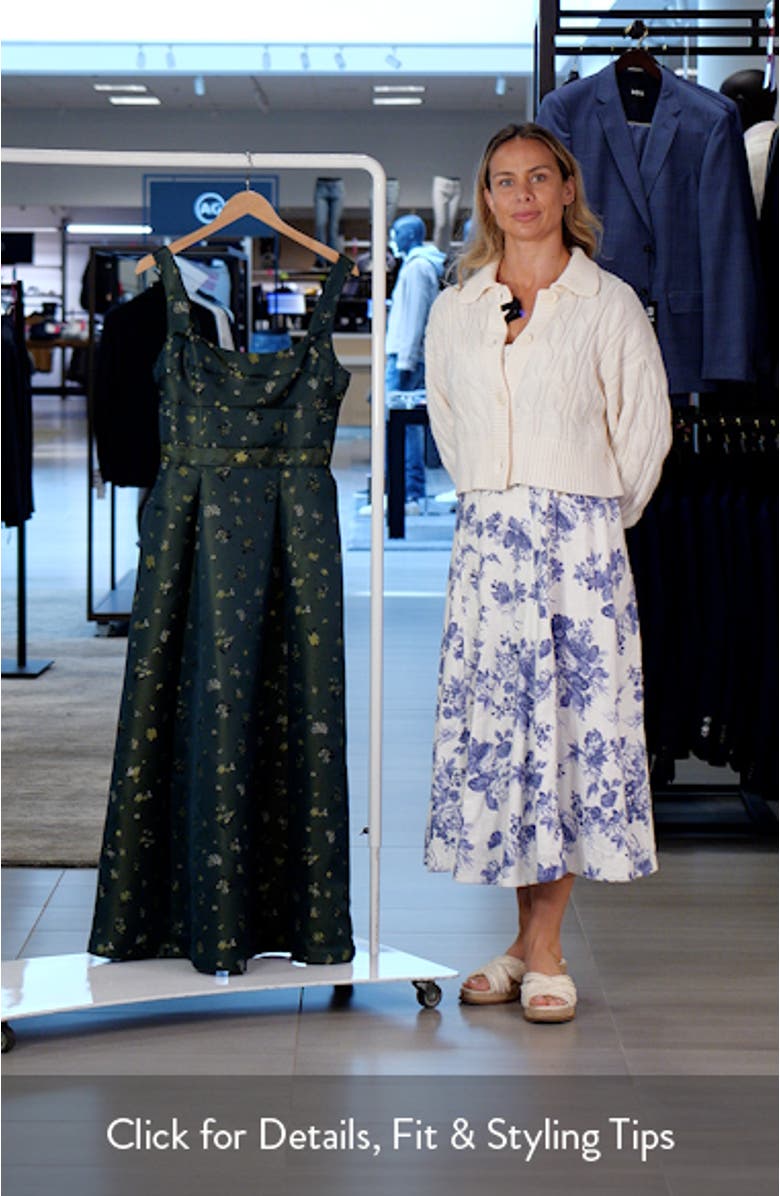 Pleated Seamed Bodice Jacquard Maxi Cocktail Dress, sales video thumbnail