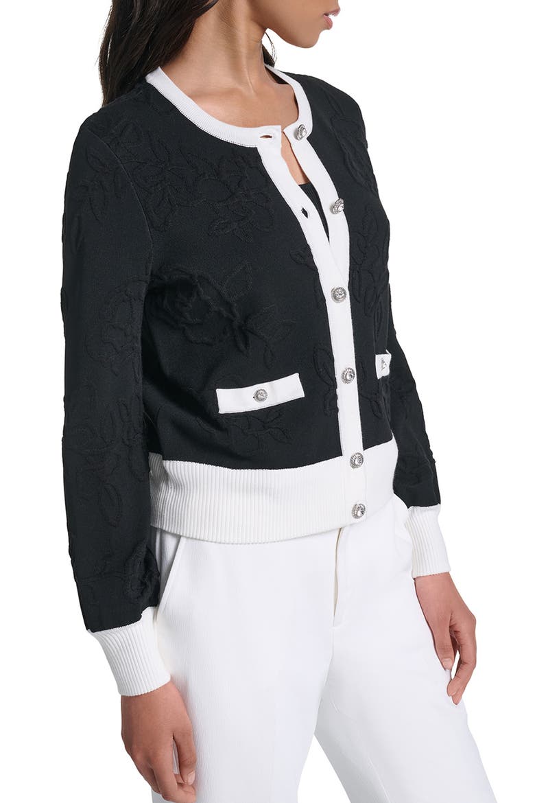 Jacquard Pattern Crewneck Cardigan, Alternate, color, BLACK/ SOFT WHITE