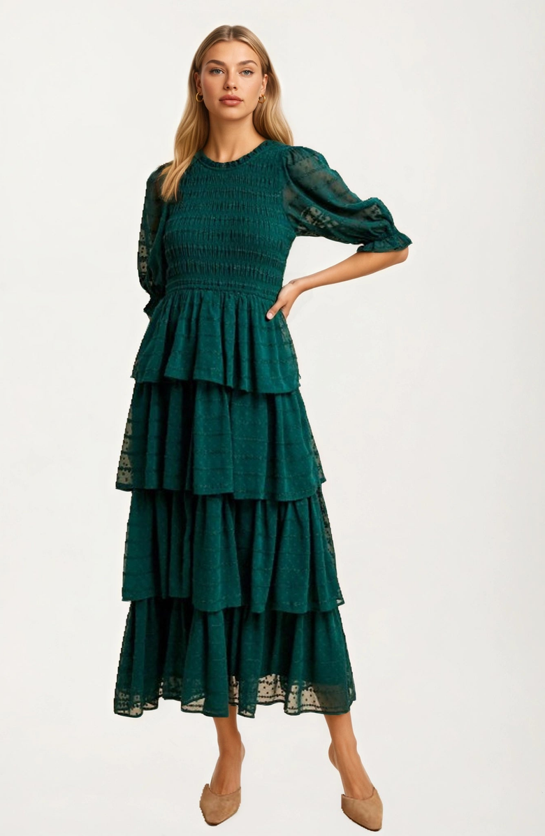 Knit and Lounge Tiered Ruffle Maxi Dress with Smocked Bodice and Sheer Sleeves, Alternate, color, 