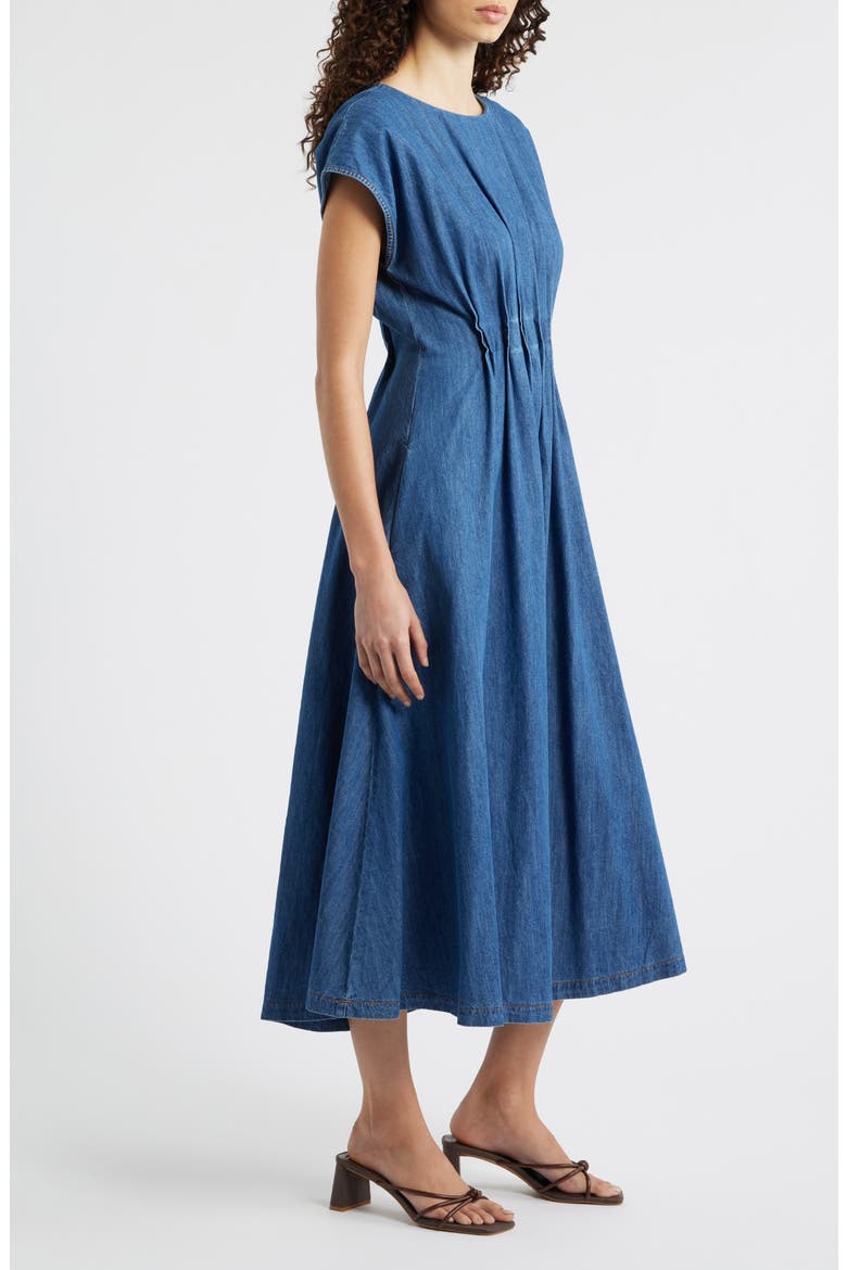 Pleat Detail Denim Midi Dress, Alternate, color, INDIGO
