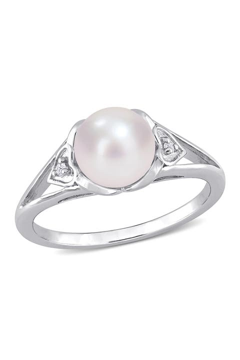 Sterling Silver 7–7.5mm Cultured Freshwater Pearl & Diamond Ring - 0.02ct.
