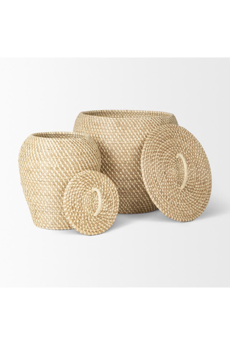 Kalopa Set of 2 Seagrass Floor Baskets with Flat Handled Lid, Alternate, color, Brown