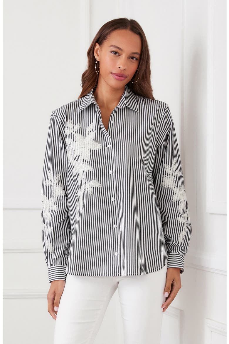 Stripe Embroidered Cotton Blend Button-Up Shirt, Alternate, color, BLACK W/ OFF WHITE