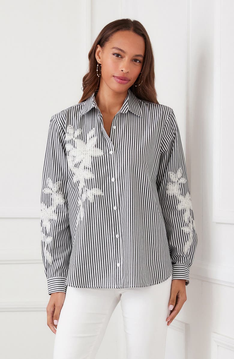 Karen Kane Stripe Embroidered Cotton Blend Button-Up Shirt, Alternate, color, Black W/ Off White