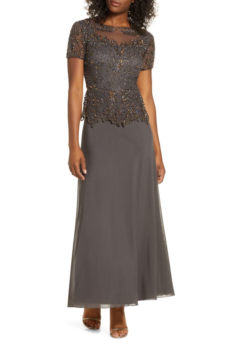 Embellished Mesh Bodice Evening Gown, Main, color, ASH