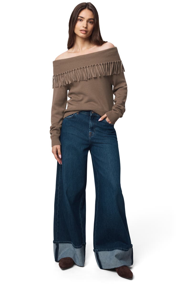 Splendid Simone Fringe Off the Shoulder Sweater, Alternate, color, Cedar Brown