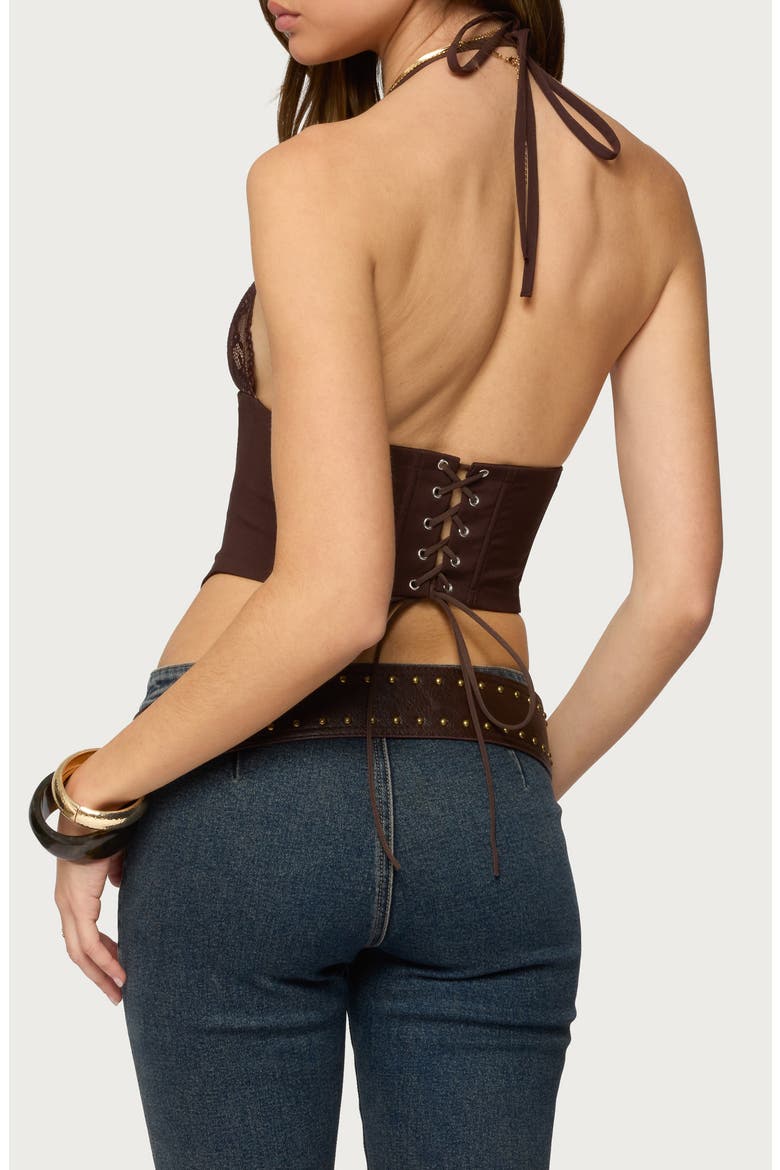 Ghita Lacy Crop Halter Corset Top, Alternate, color, BROWN