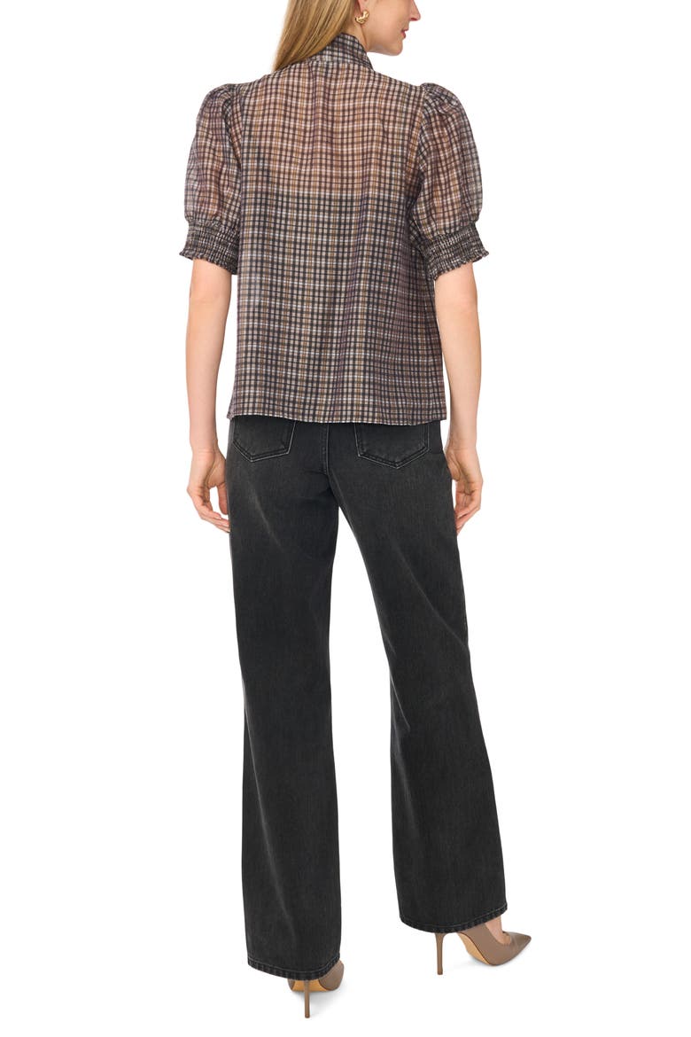 Plaid Tie Neck Short Sleeve Top, Alternate, color, RICH BLACK PLAID