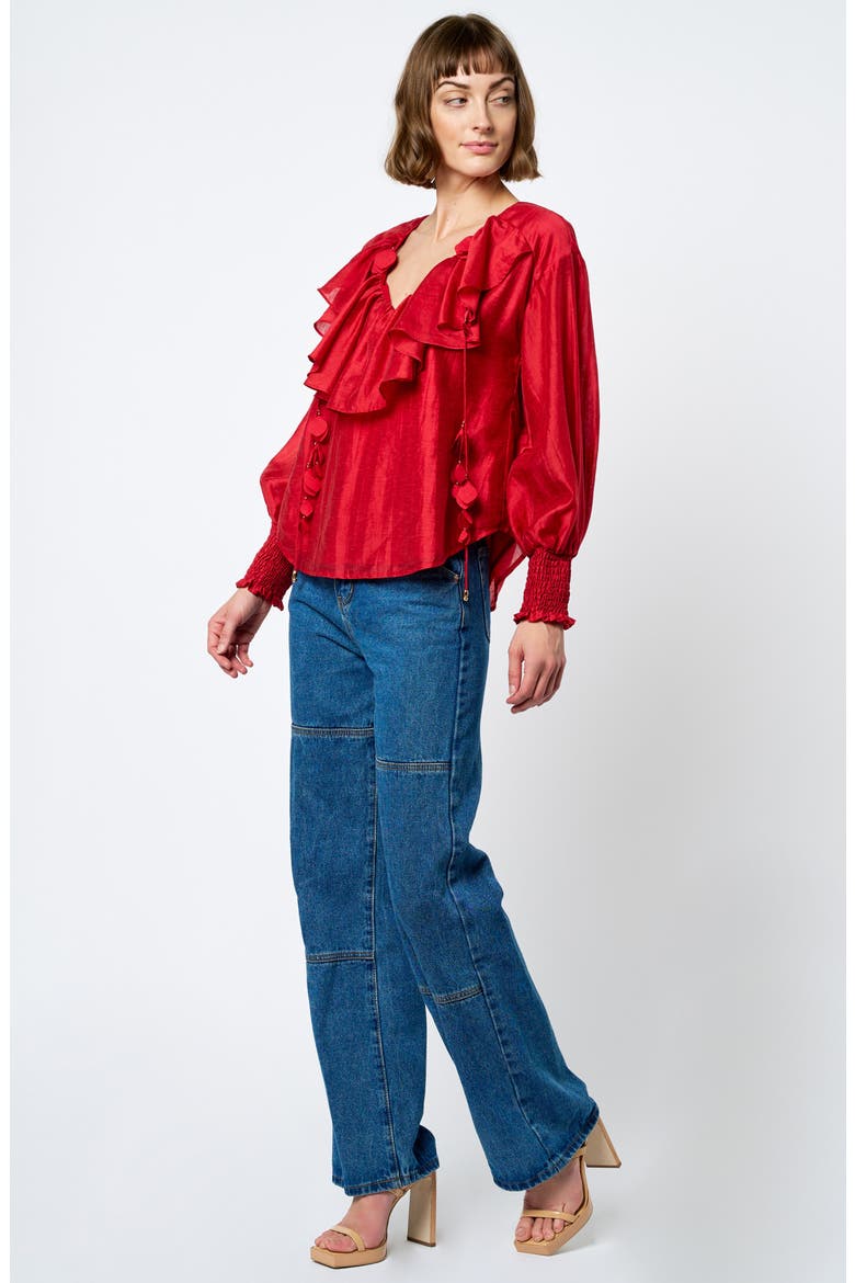 Saruma Satin Ruffle Collar Blouse, Alternate, color, RED