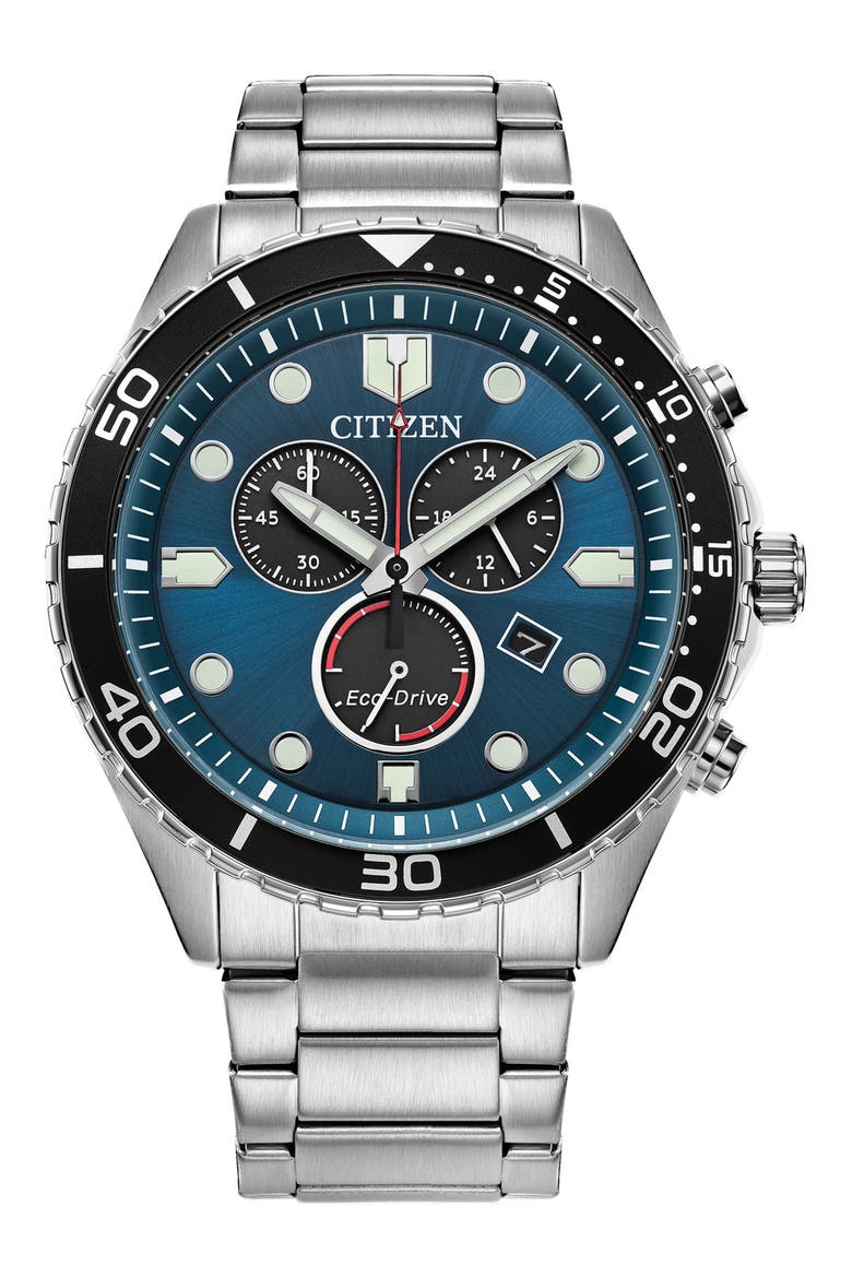 Eco-Drive Chronograph Bracelet Watch, Main, color, SILVER