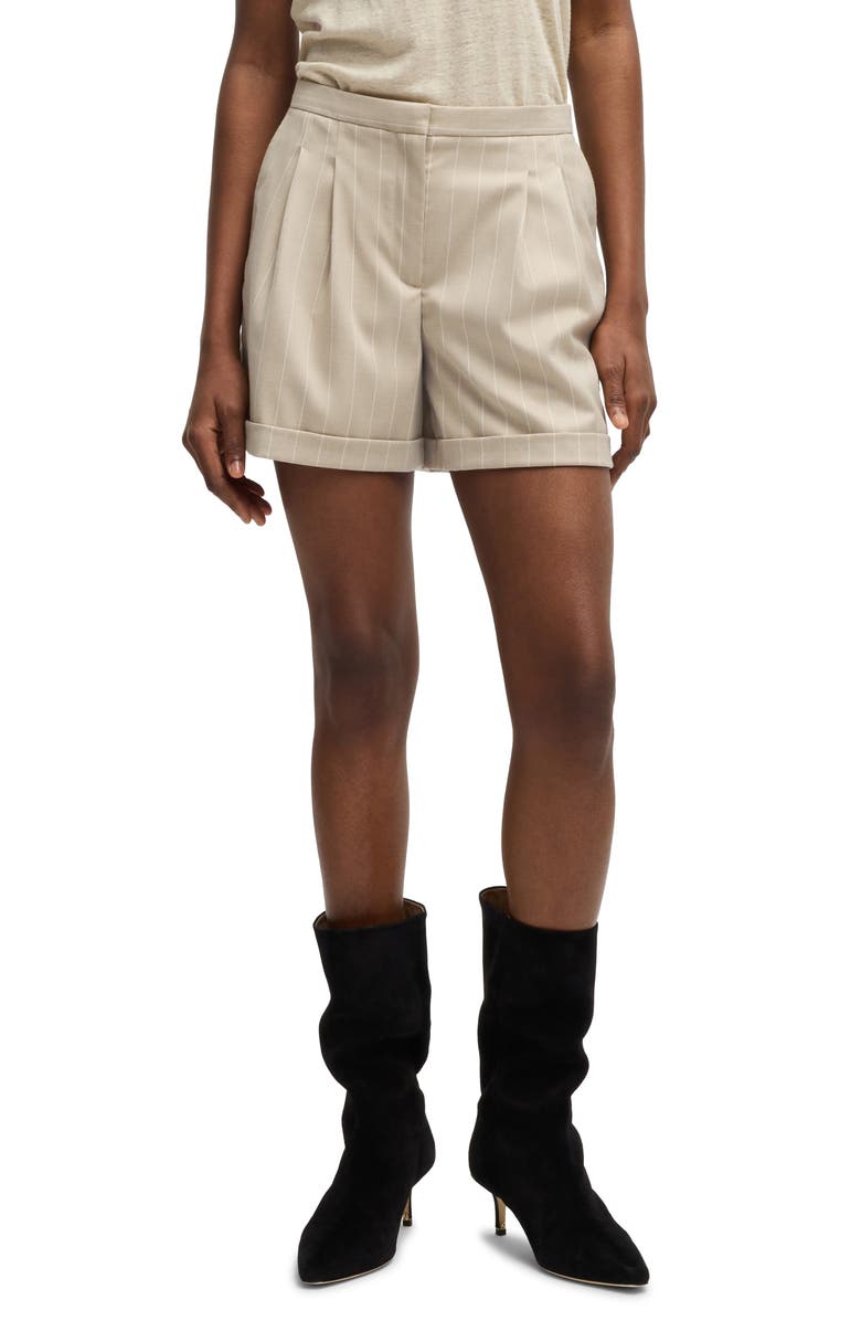 BOSS Orange Tostie Pleated Pinstripe High Waist Shorts, Main, color, Beige