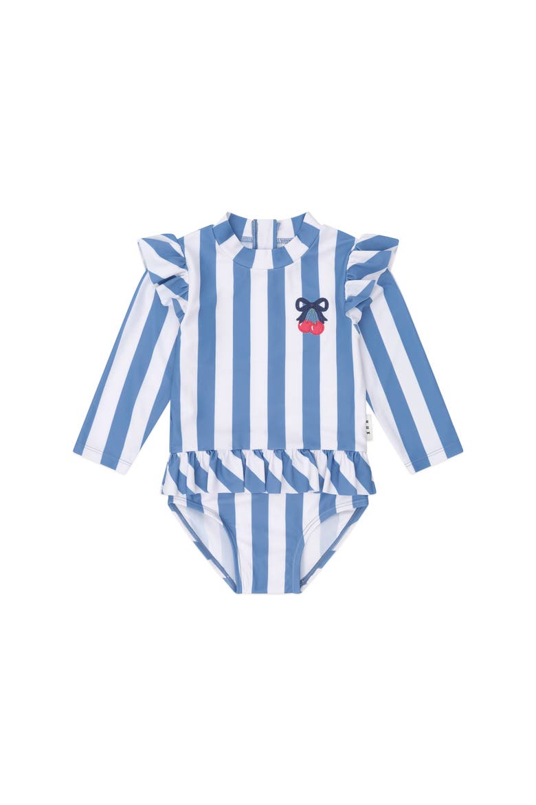 Vintage Stripe Cherry Peplum Swimsuit, Main, color, Bijou Blue/Almond Milk