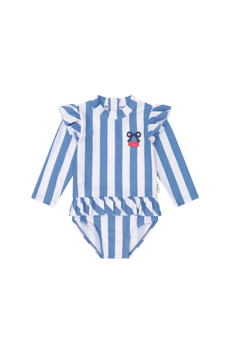 Huxbaby Vintage Stripe Cherry Peplum Swimsuit, Main, color, Bijou Blue/Almond Milk