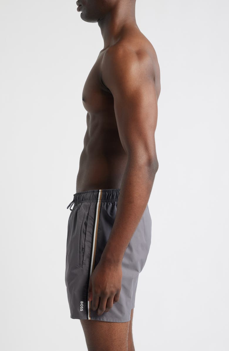 BOSS Iconic Side Stripe Swim Trunks, Alternate, color, Dark Grey