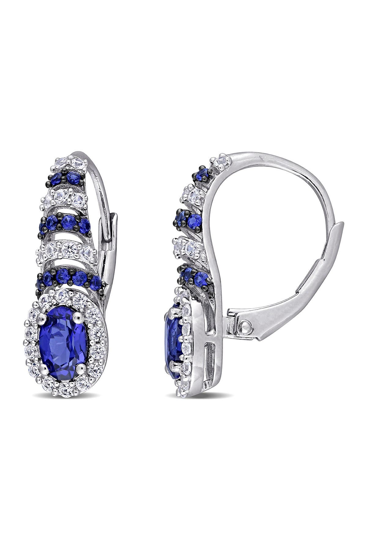 DELMAR Sterling Silver Lab Created Blue & White Sapphire Halo Lever Back Earrings