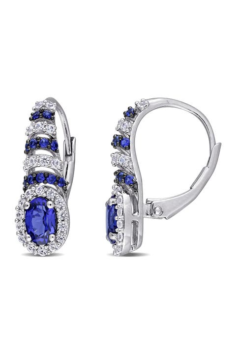 Sterling Silver Lab Created Blue & White Sapphire Halo Lever Back Earrings