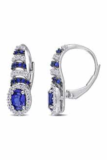 DELMAR Sterling Silver Lab Created Blue & White Sapphire Halo Lever Back Earrings