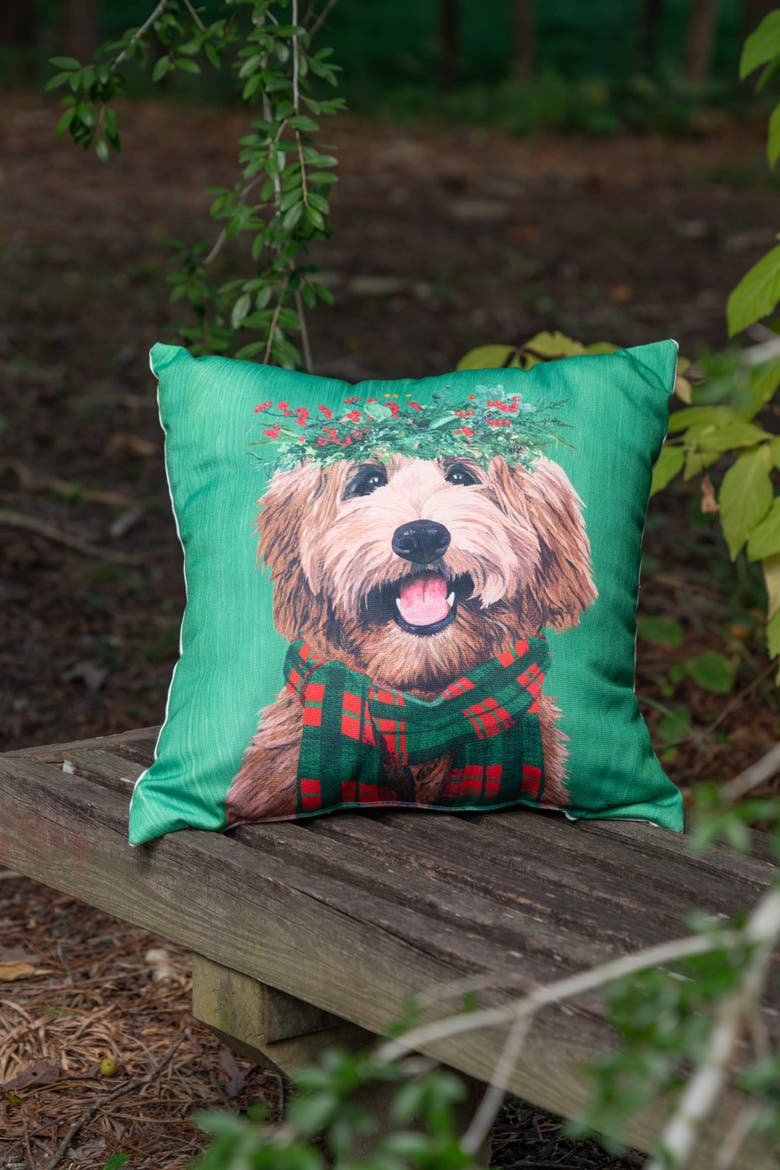 Cute Holiday Labradoodle Dog with Wreath Hat Throw Pillow 18" x 18", Alternate, color, Green