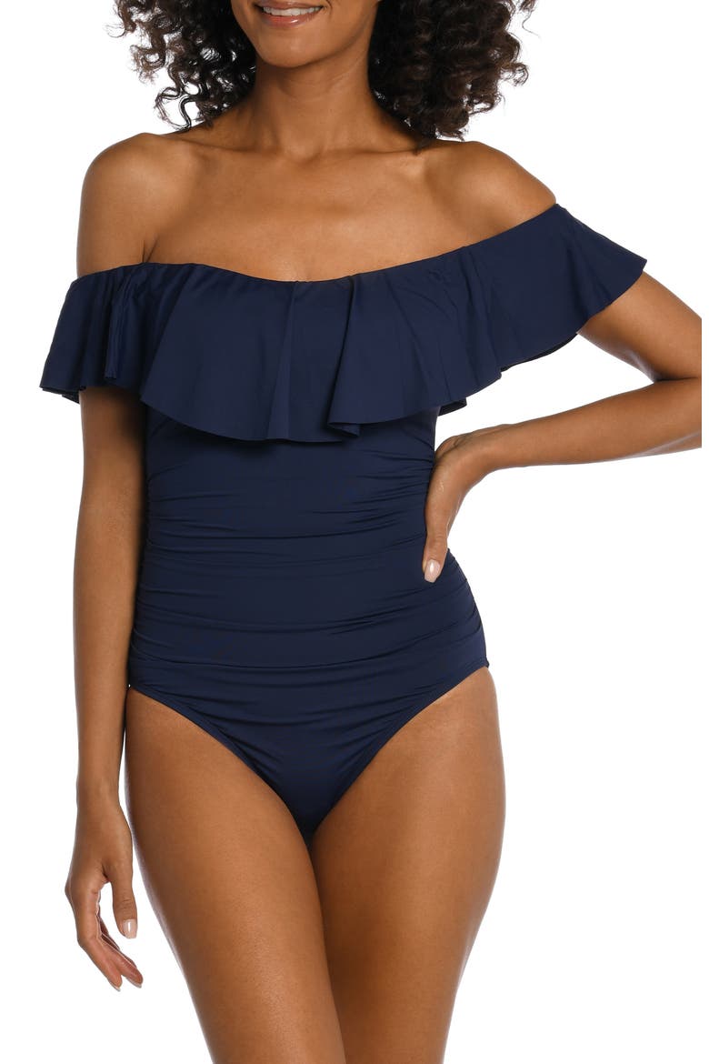 Off the Shoulder One-Piece Swimsuit, Main, color, INDIGO