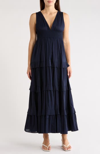 Chelsea28 Sleeveless Tiered Cotton Maxi Dress in Navy Night at Nordstrom Rack, Size Small