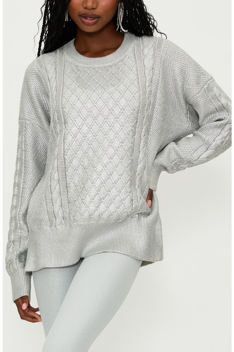 Callie Mix Stitch Metallic Crewneck Sweater, Main, color, SILVER SHINE CABLE