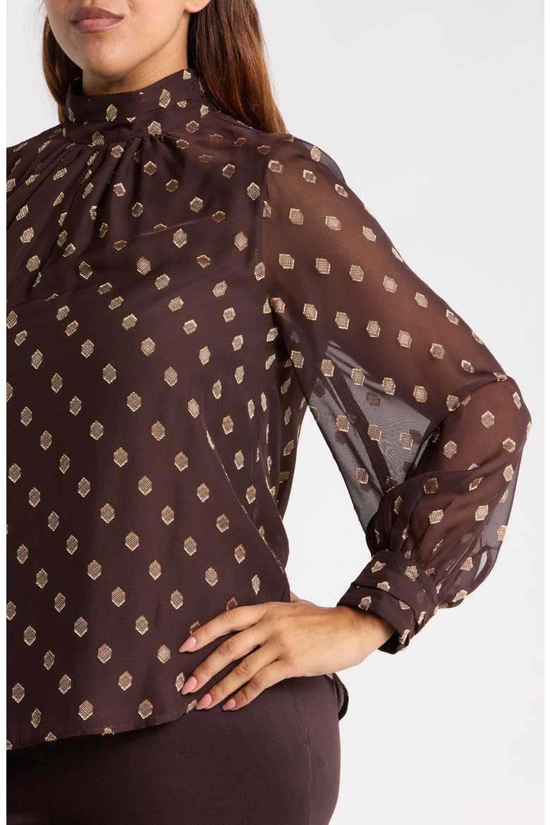 Shirred Collar Keyhole Front Long Sleeve Top, Alternate, color, DEEP MAHOGANY / GOLD