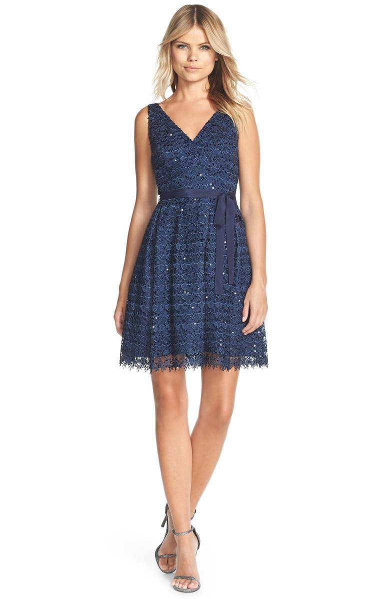 Adrianna Papell Sequin Lace Fit & Flare Dress, Alternate, color, 