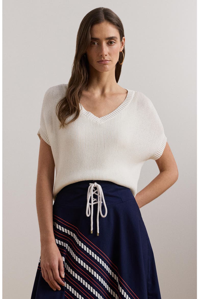 Short Sleeve V-Neck Sweater, Alternate, color, WHITE