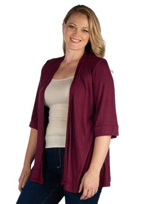 24seven Comfort Apparel Plus Size Elbow Length Sleeve Open Front Cardigan In Burgundy