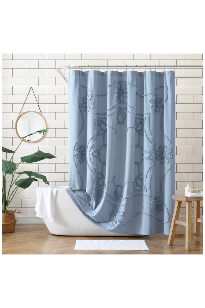 Retro Scroll Shower Curtain, Alternate, color, BLUE