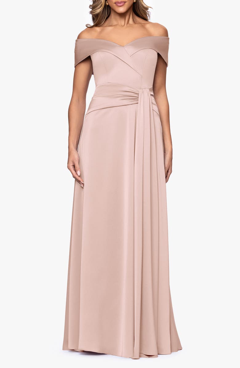 Xscape Evenings Off the Shoulder Hammered Satin Gown, Main, color,