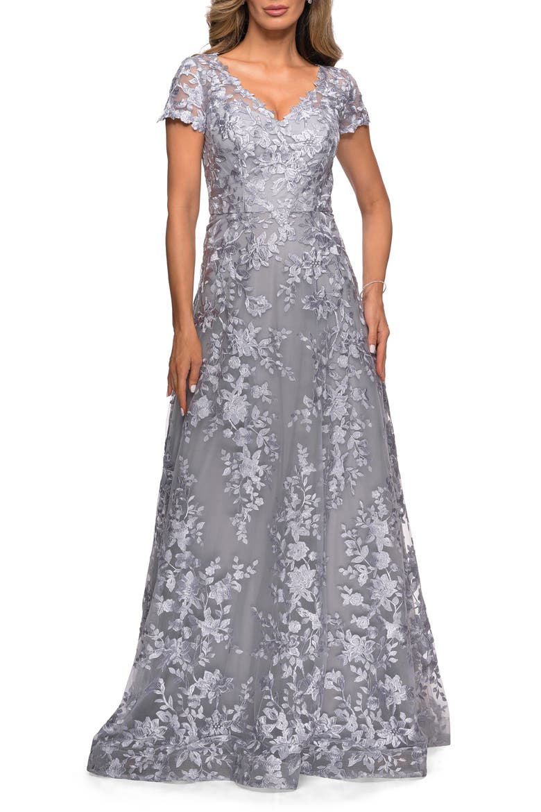 Embroidered Lace A-Line Gown, Main, color, PLATINUM