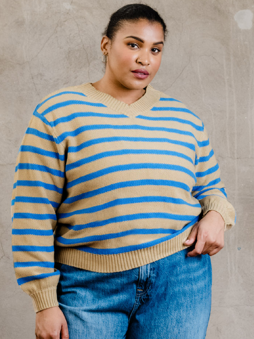 Able Haven Seed Stitch Sweater In Blue In Brown Sugar/blue Stripe