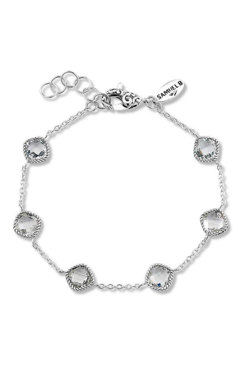 Sterling Silver Cushion Cut Semi-Precious Stone Station Bracelet, Main, color, WHITE